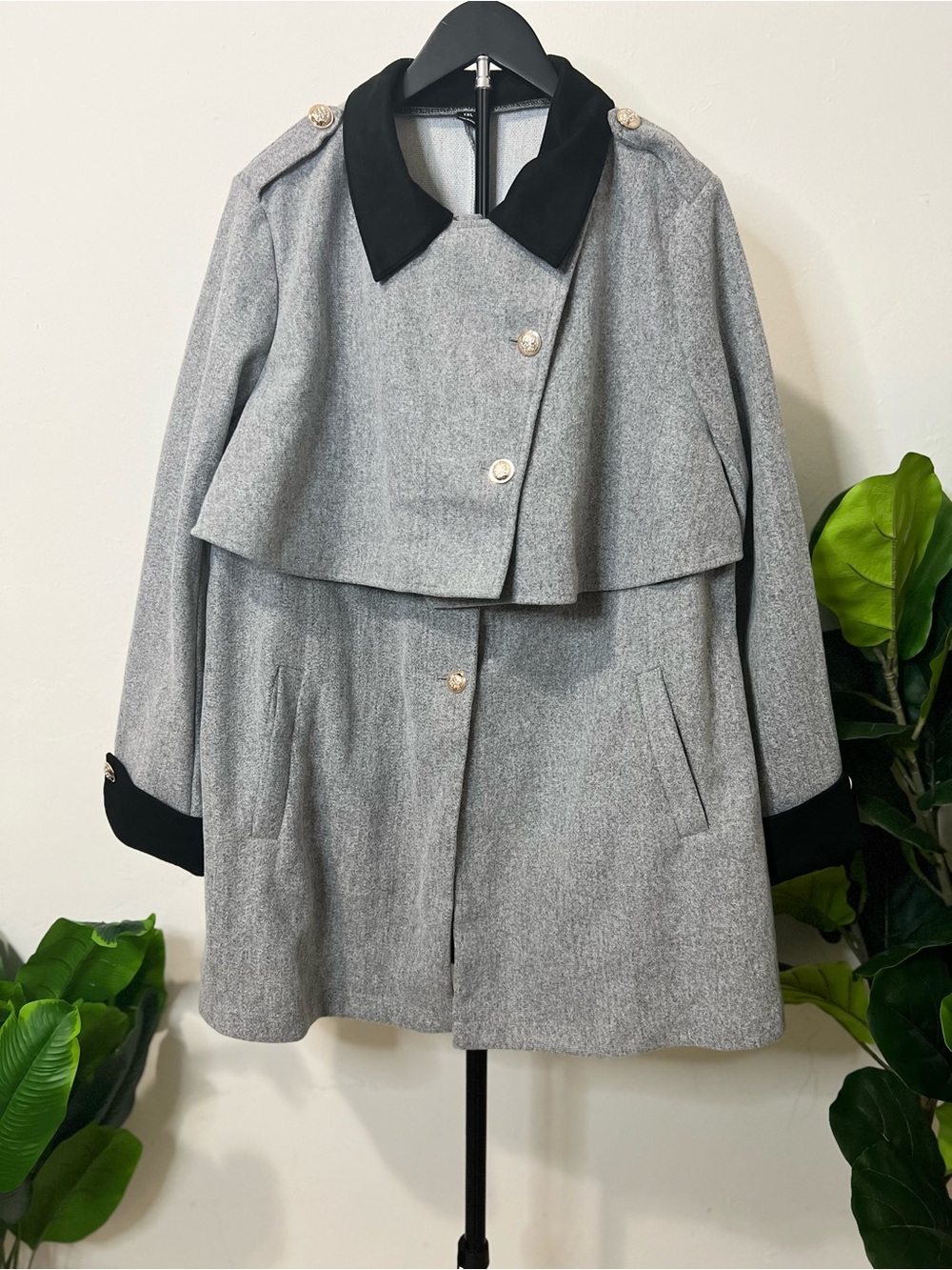 Gray Black Military Cape Trench Coat Gold Button Plus Size 1X